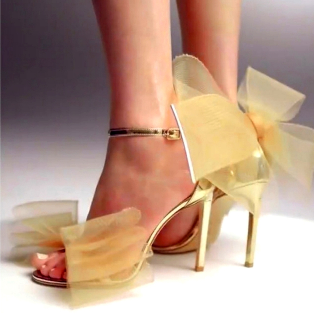 Vertundy REGON ASYMMETRIC BOW EMBELLISHED PATENT LEATHER HIGH HEEL SANDALS sz 7
